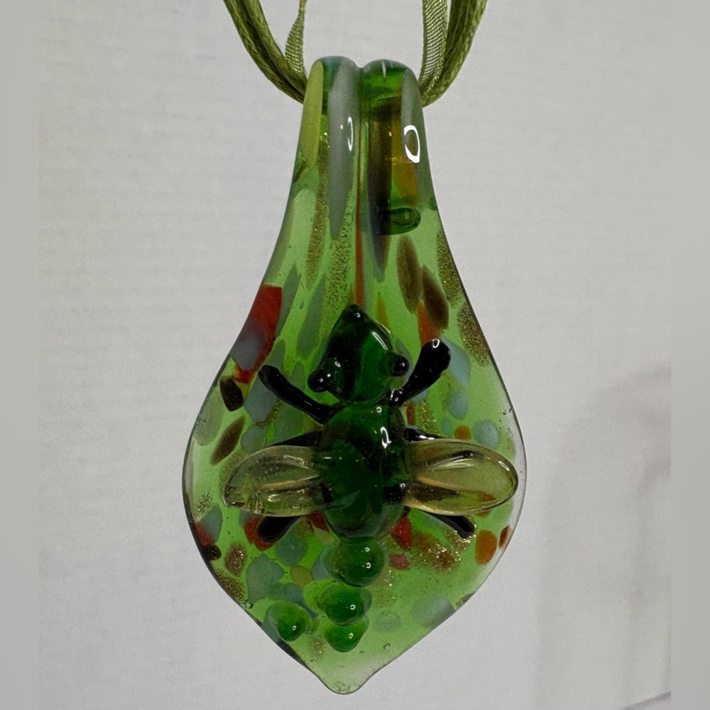 Green Glass Pendant with Insect Design NWOT